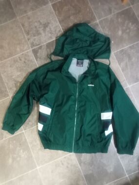 adidas Green Hooded Menss Rain Jacket with White/Black Stripe Accents
